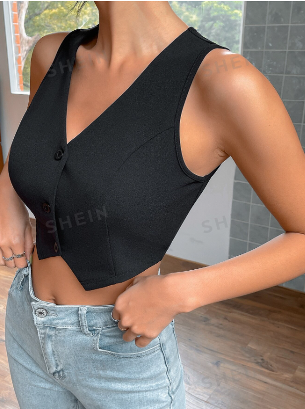 SHEIN EZwear Camisetas De Tirantes De Verano, Chaleco Corto Sólido Con Botones En La Parte Delantera