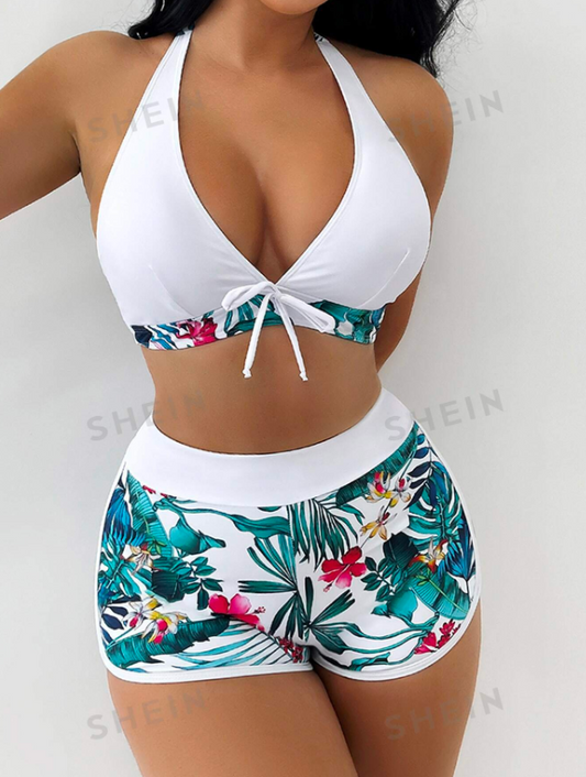 SHEIN Swim Conjunto de bikini tropical de estampado de verano con top halter y shorts estilo bóxer, 2 piezas