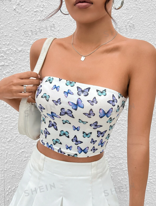 SHEIN EZwear Top tubo crop con estampado de mariposa