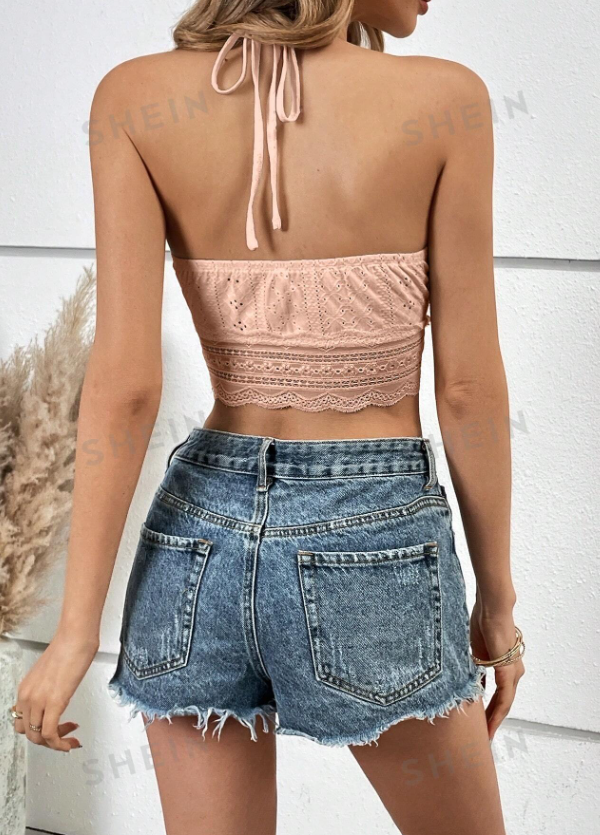 SHEIN Frenchy Top halter con bordado con ojal de espalda abierta con cordón