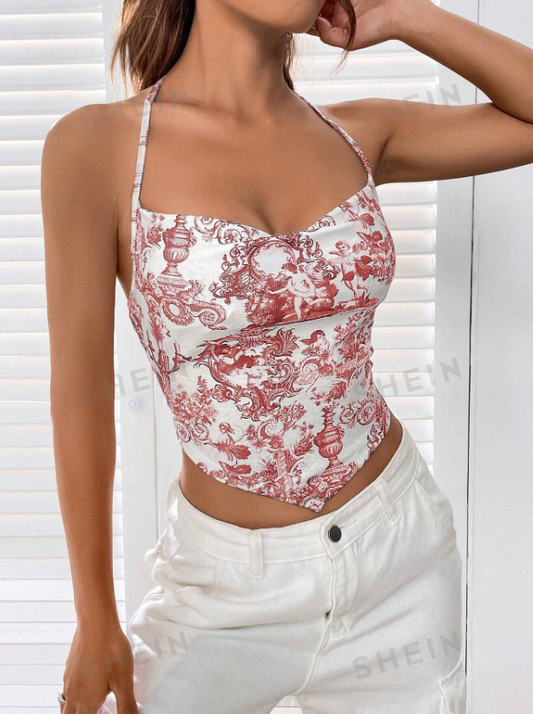 SHEIN EZwear Top De Cuello Halter Con Dobladillo Asimétrico Y Diseño Estampado En Todo Su Exterior